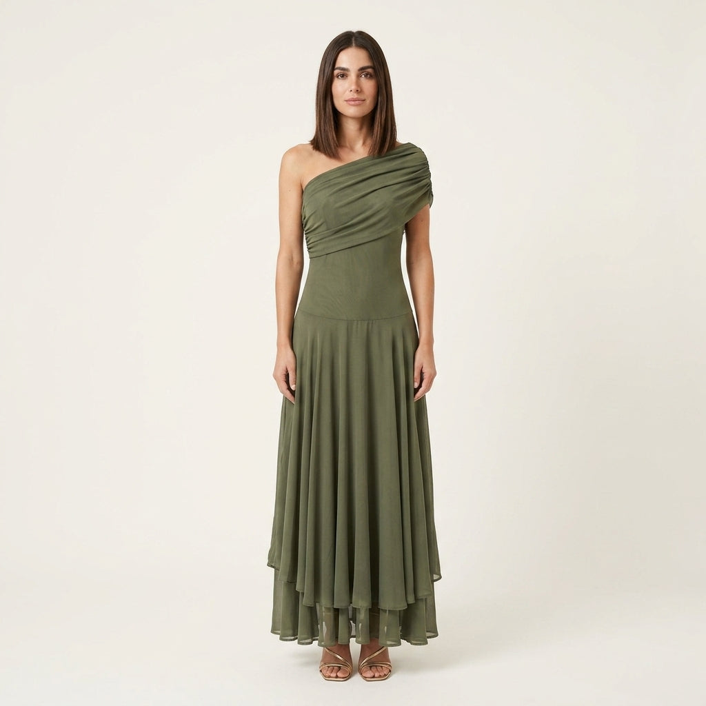 Vestido Largo Plisado Asimétrico